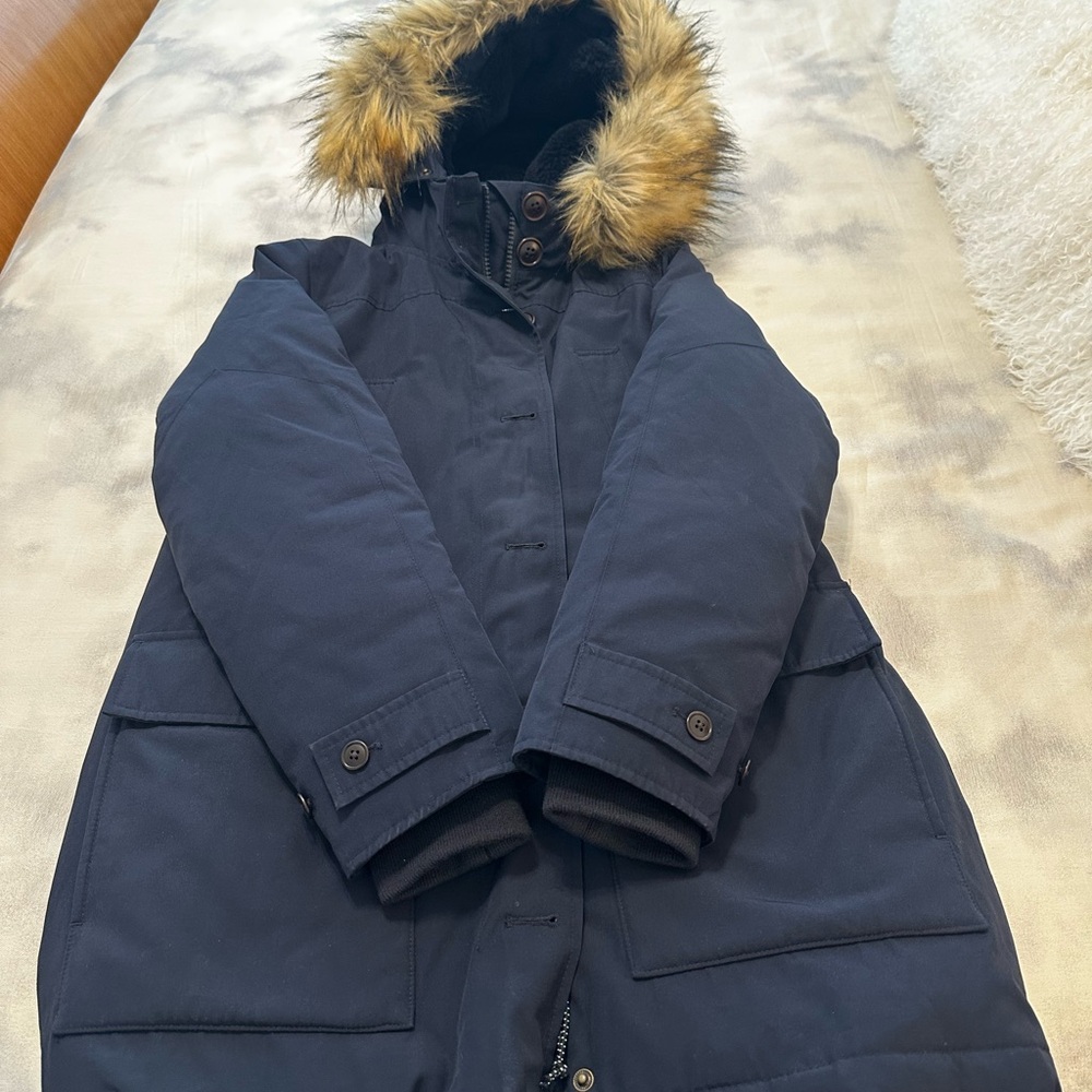 J. Crew Dark Blue Puffer Coat with Faux Fur Hood